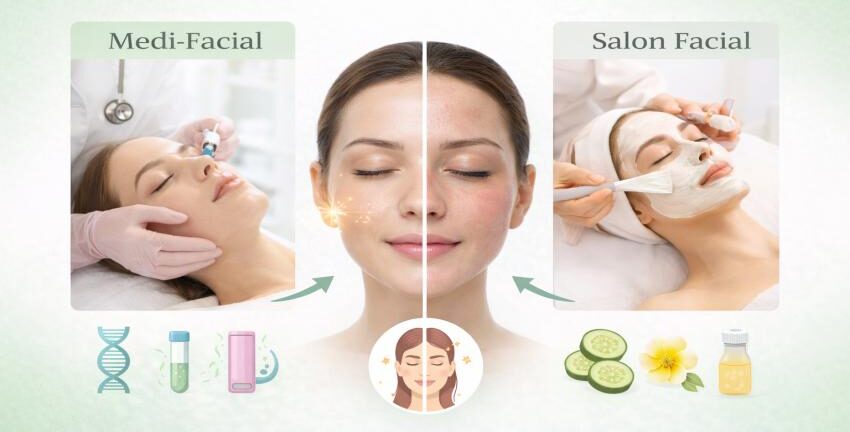 Medi-Facials vs Salon Facials comparison showing professional skin treatment vs regular facial results