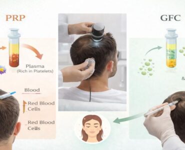 PRP vs GFC hair treatment comparison showing platelet-rich plasma and growth factor concentrate procedures for hair fall