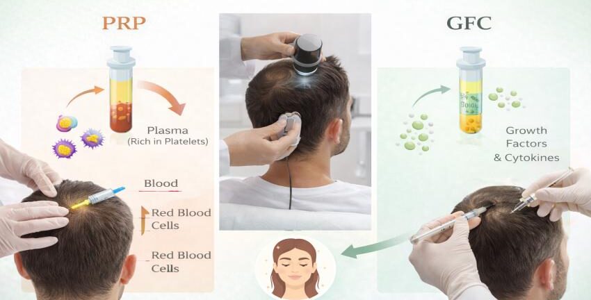 PRP vs GFC hair treatment comparison showing platelet-rich plasma and growth factor concentrate procedures for hair fall