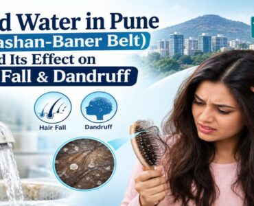 Hard Water in Pune (Pashan-Baner Belt) and Its Effect on Hair Fall & Dandruff Infographic on hard water hair fall in Pune showing a woman with hair loss, running tap water, and a scalp macro view