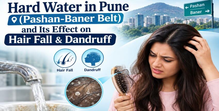 Infographic on hard water hair fall in Pune showing a woman with hair loss, running tap water, and a scalp macro view