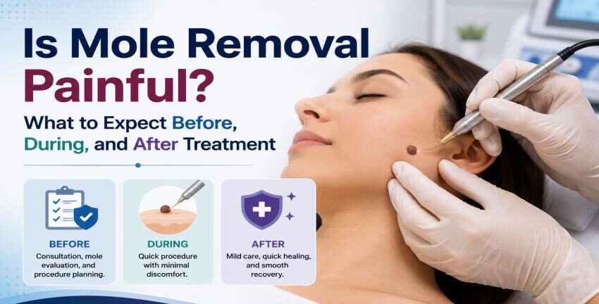 Is mole removal painful treatment guide showing a patient undergoing radiofrequency mole removal by Dr. Ruchi Skin Expert.