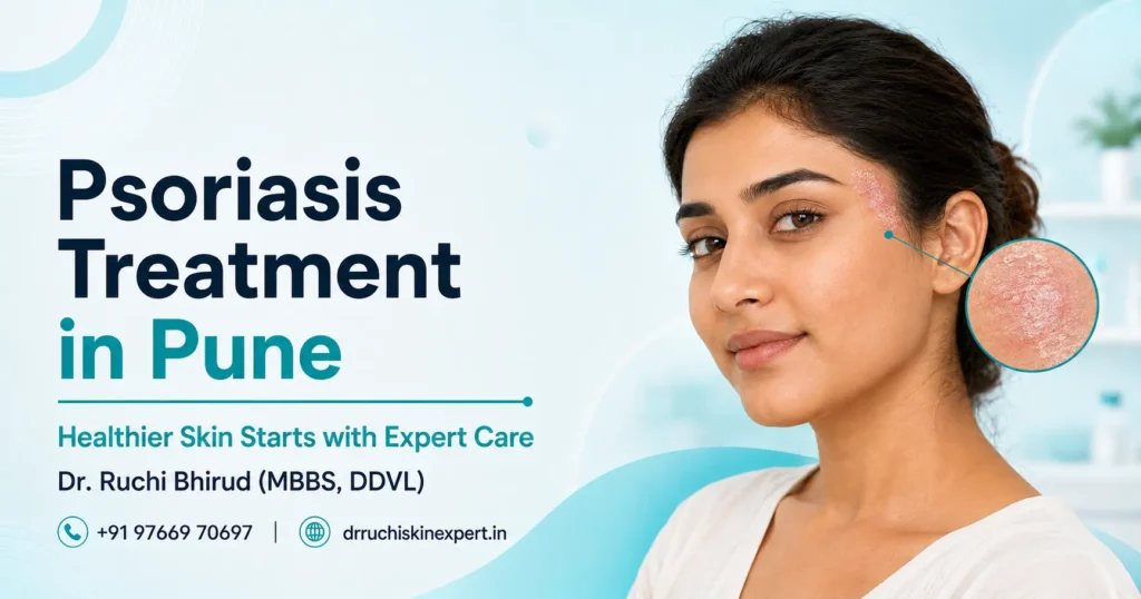 Psoriasis Treatment in Pune banner featuring Dr. Ruchi Bhirud (MBBS, DDVL) skin specialist