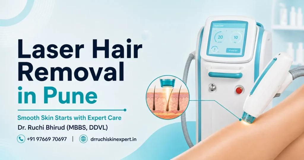 Laser Hair Removal in Pune banner featuring Dr. Ruchi Bhirud (MBBS, DDVL) skin specialist